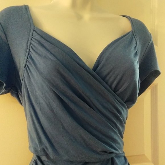 Cross Front Ruched Twist Drape Top M Blue - Picture 4 of 5
